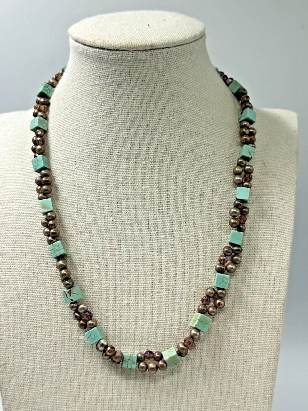 Dyed Cultured Freshwater Pearl Necklace Bronze Gray Turquoise Blue Cube Beads
